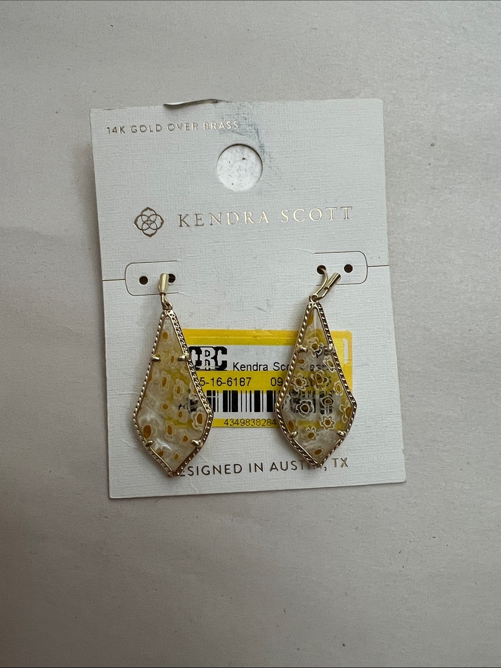 Kendra Scott Yellow Patterned Stone Gold Drop Earrings